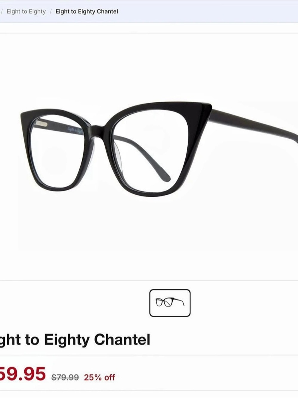 Eight to Eighty Chantel Black Cat-Eye Glasses Brand New